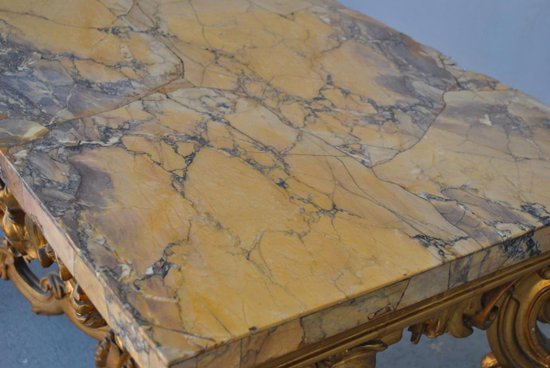 Grande Console Rocaille Bois Doré Marbre Romain XVIIème