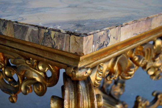 Grande Console Rocaille Bois Doré Marbre Romain XVIIème