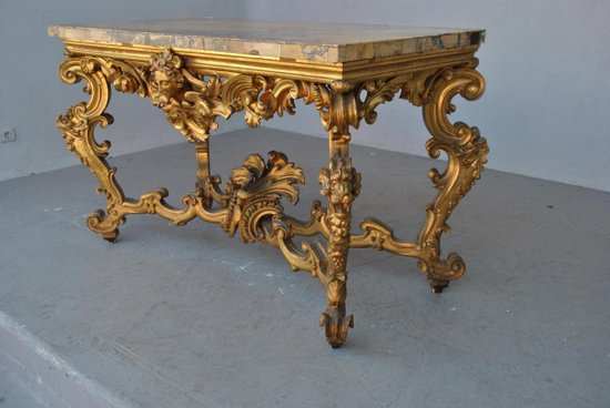 Grande Console Rocaille Bois Doré Marbre Romain XVIIème