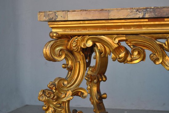 Grande Console Rocaille Bois Doré Marbre Romain XVIIème