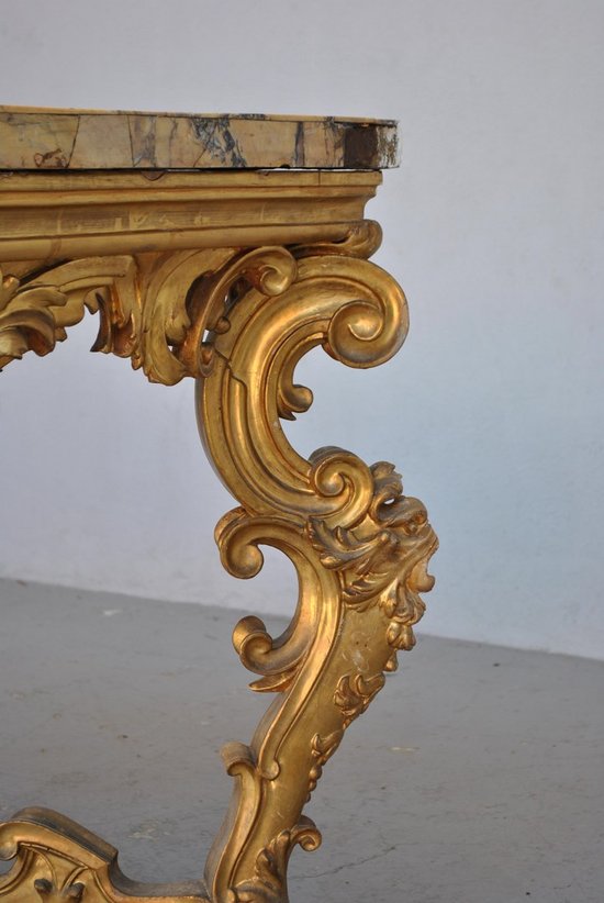 Grande Console Rocaille Bois Doré Marbre Romain XVIIème