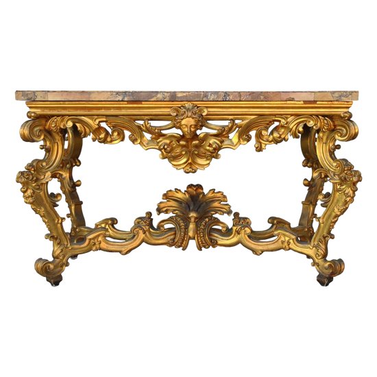 Grande Console Rocaille Bois Doré Marbre Romain XVIIème