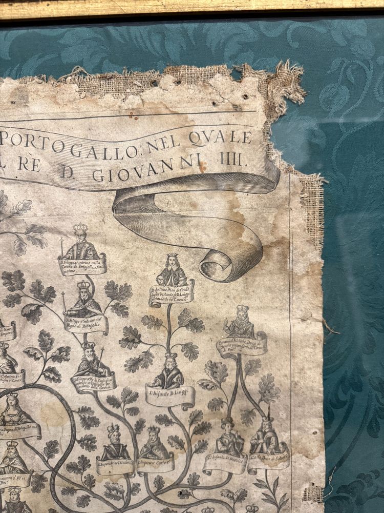 Antique canvas engraving, Family tree of the King of Portugal, 16th century, 92x72cm.