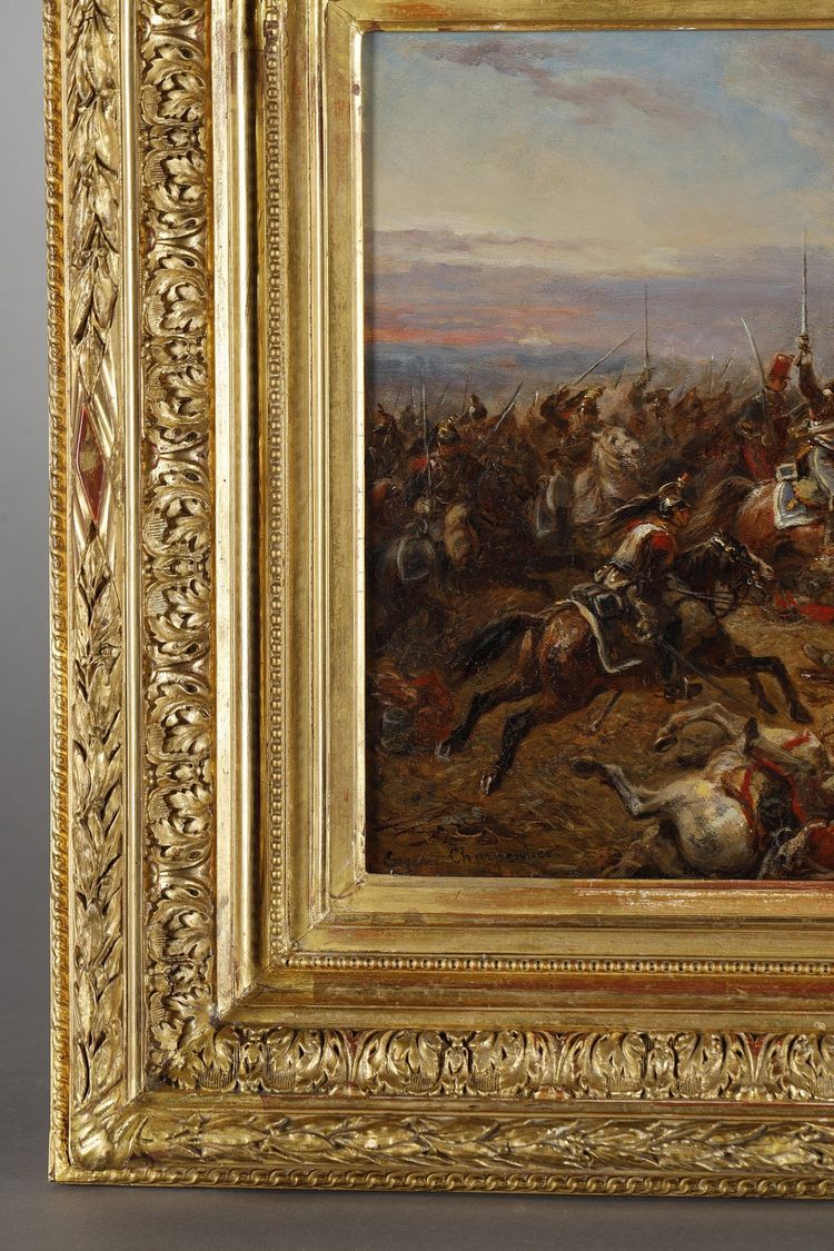Tableau charge des cuirassiers francais à Watreloo signé Eugène Charpentier