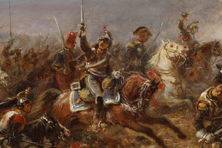 Tableau charge des cuirassiers francais à Watreloo signé Eugène Charpentier