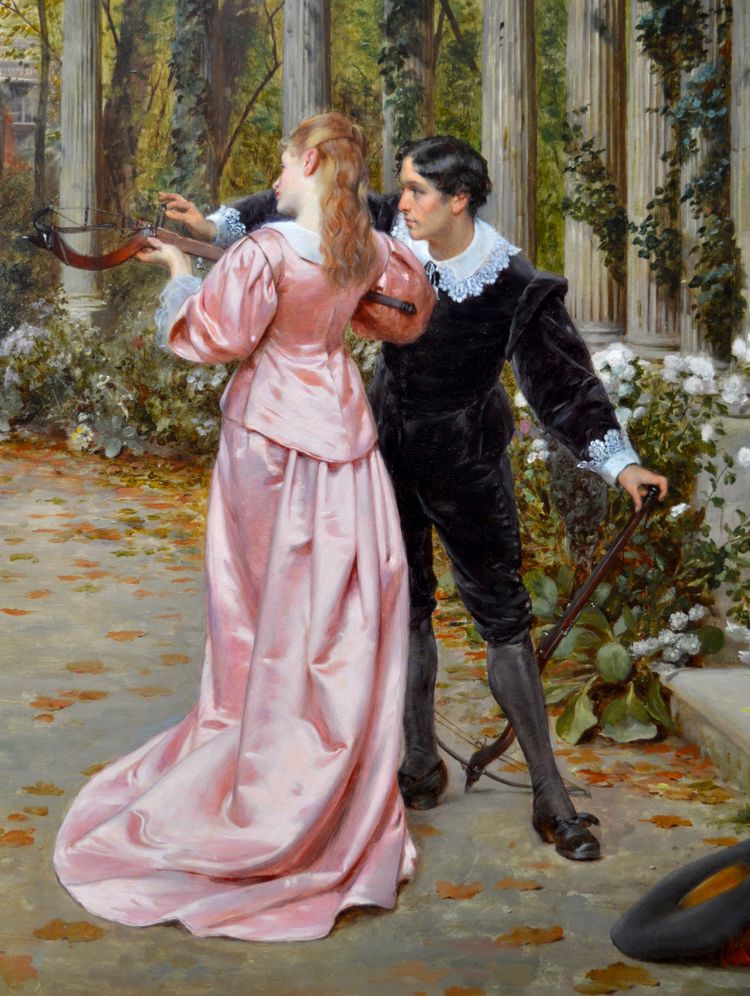 Auguste de La Brély (1838-1906) "Lezione di tiro con la balestra, 1878" Parigi Luigi XIII Macon