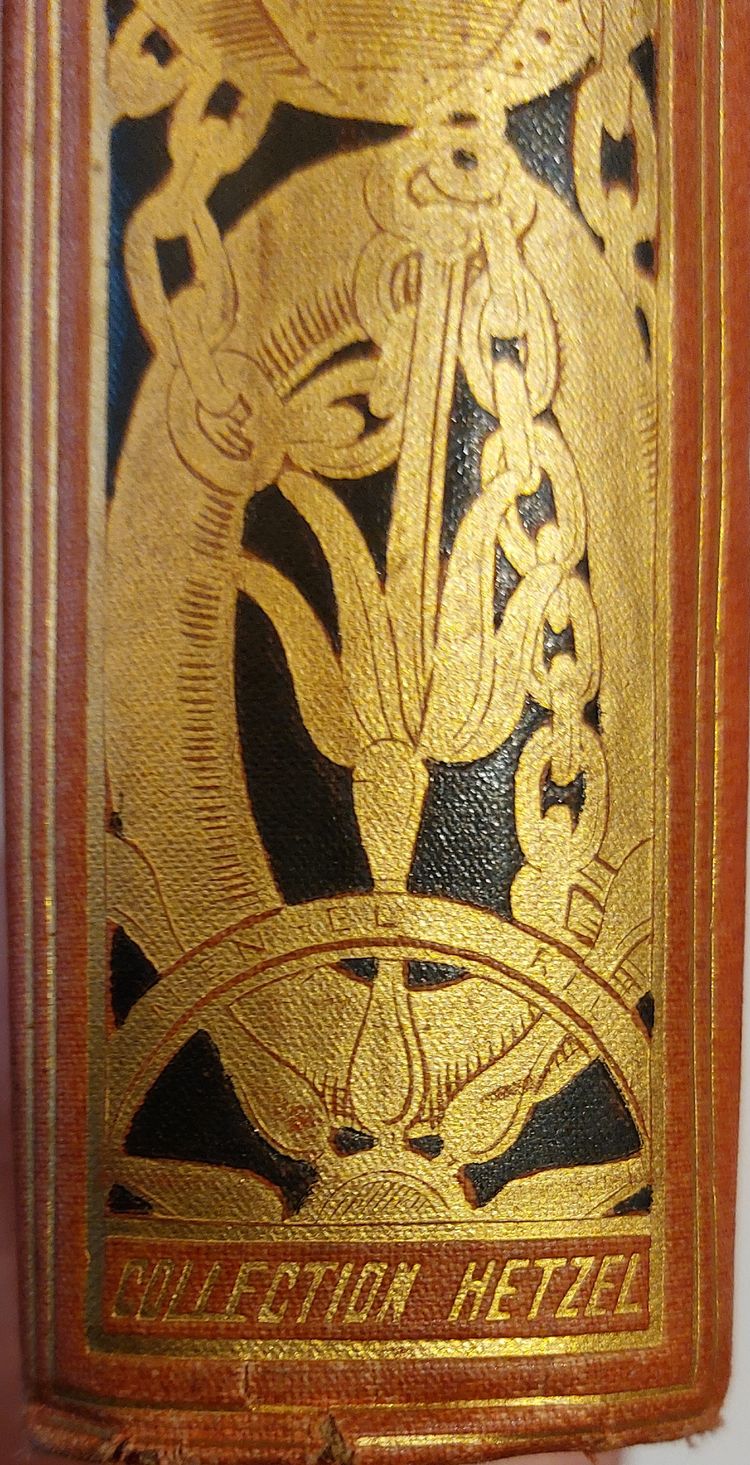 Jules Verne: 2 Bücher in Perkalineinband des Verlags, eines mit einem Elefanten und das andere mit einem Leuchtturm auf der Rückseite