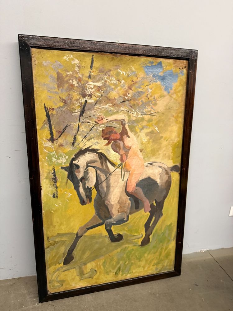Antique oil painting on canvas "Nude Woman on Horseback" Rome 1921, 140x89cm