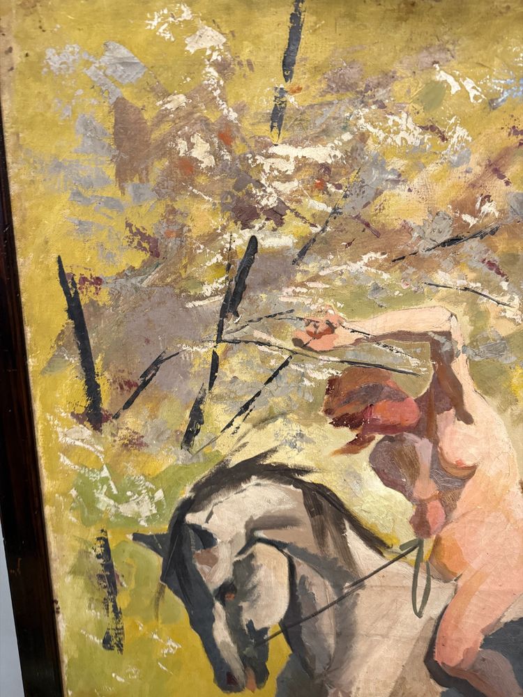 Antique oil painting on canvas "Nude Woman on Horseback" Rome 1921, 140x89cm