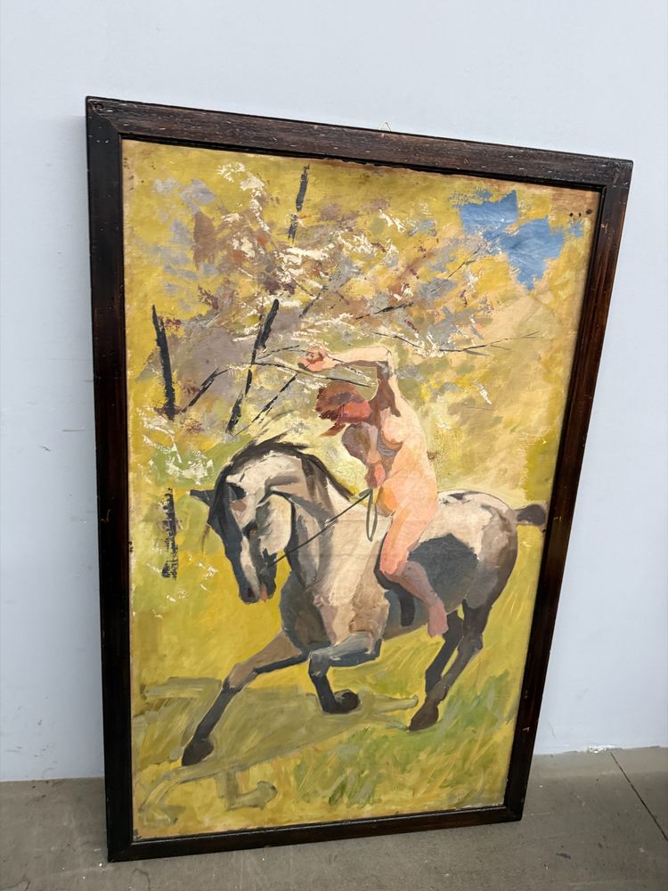 Antique oil painting on canvas "Nude Woman on Horseback" Rome 1921, 140x89cm