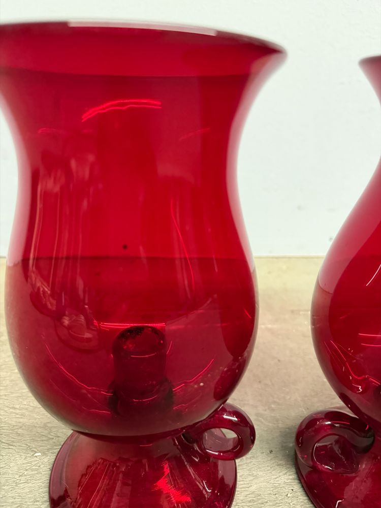 Pair of mid-century Murano vases, ruby red with candelabra, 24x12cm