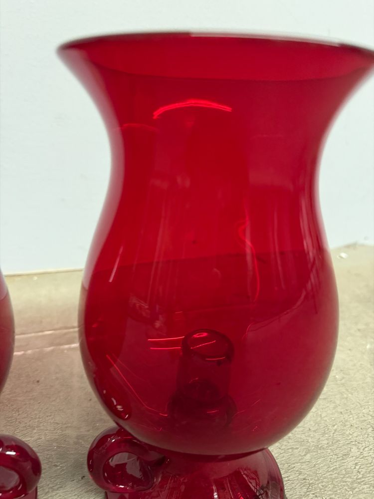 Pair of mid-century Murano vases, ruby red with candelabra, 24x12cm