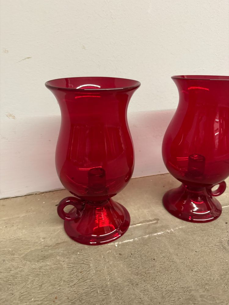 Pair of mid-century Murano vases, ruby red with candelabra, 24x12cm