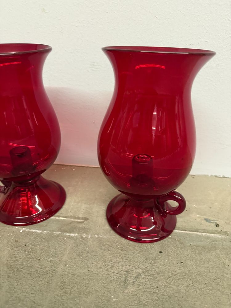 Pair of mid-century Murano vases, ruby red with candelabra, 24x12cm