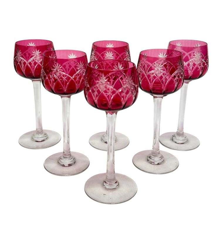 Set of 6 red crystal wine glasses
