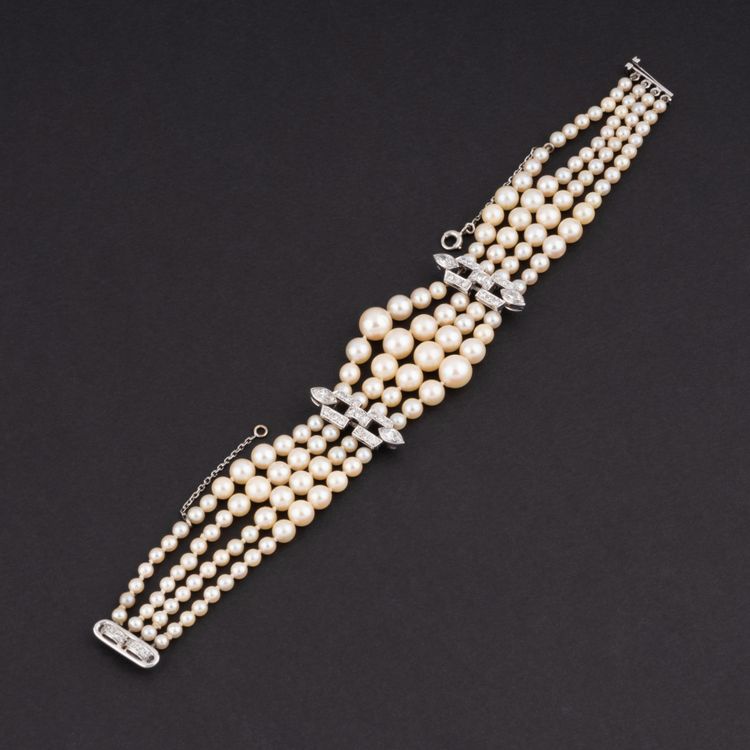 Bracciale Art Déco in oro bianco, diamanti e perle