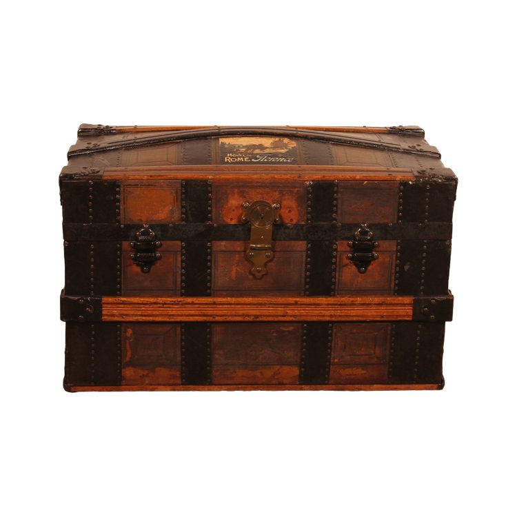 malle de voyage du début du 20° siècle en cuir et bois