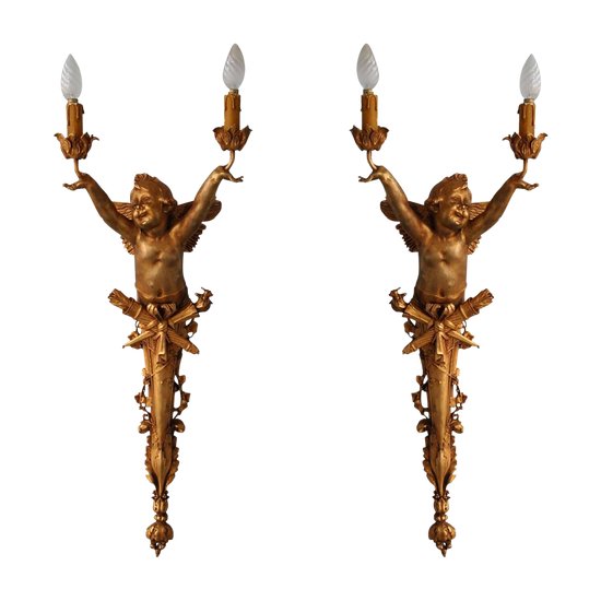 Coppia di grandi luci da parete in bronzo dorato Art Nouveau per bambini 77 cm