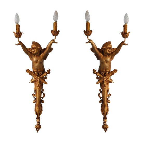 Paire Grandes Appliques Art Nouveau Bronze Doré Aux Bébés 77 Cm