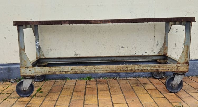 Industrial metal workbench/table on casters, mid-20th century