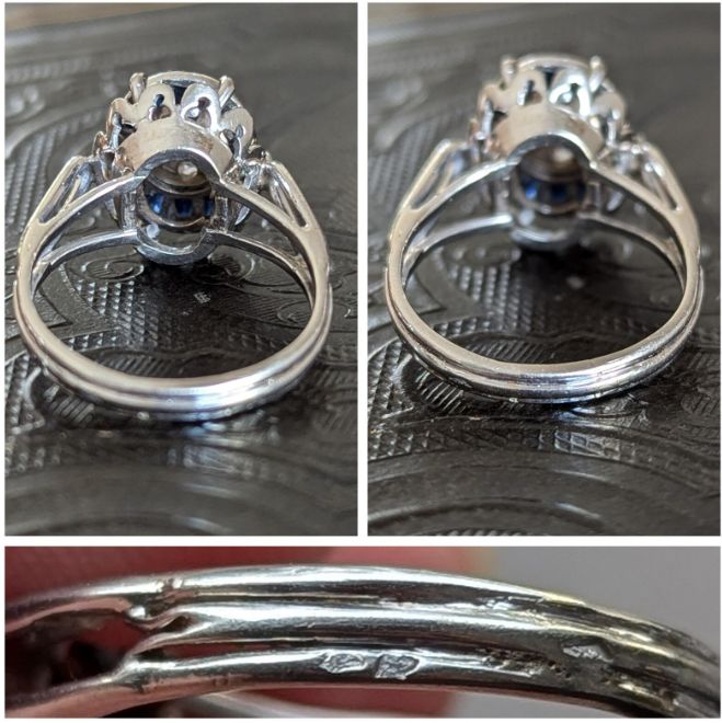 Art Deco Ring in 18k gold set with calibrated blue sapphires & Diamond 5.84 g CIRCA 1920