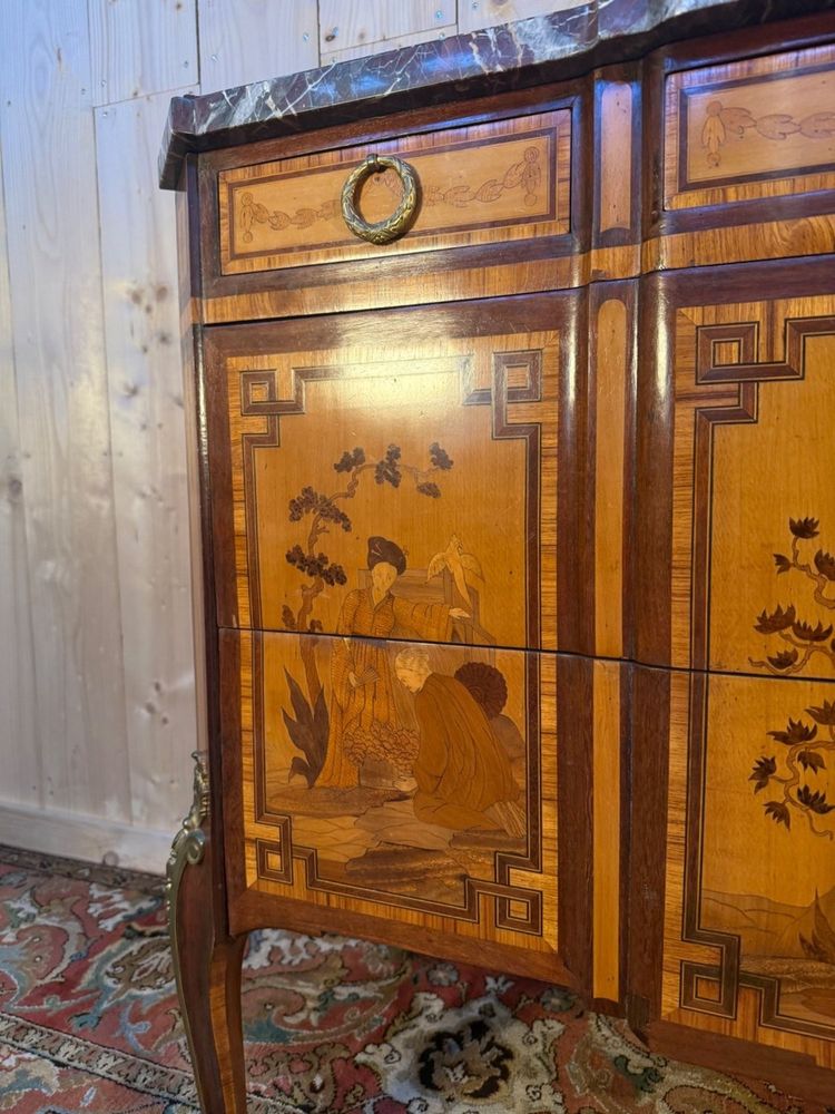 Commode Transition marqueterie orientale, années 1920, marbre noir