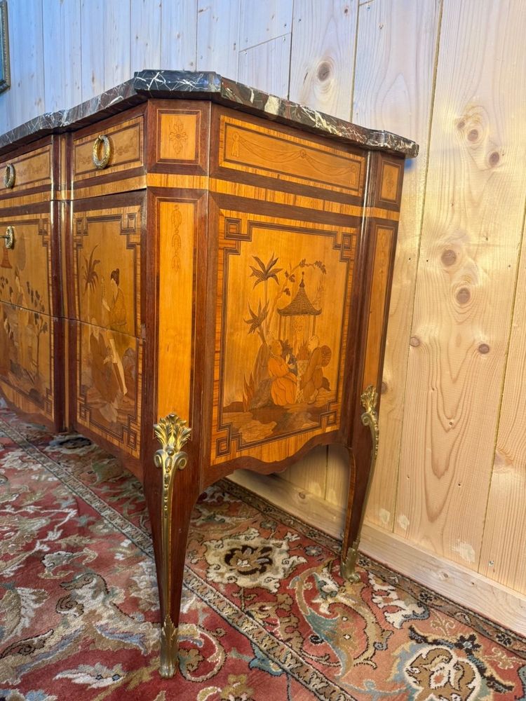 Commode Transition marqueterie orientale, années 1920, marbre noir