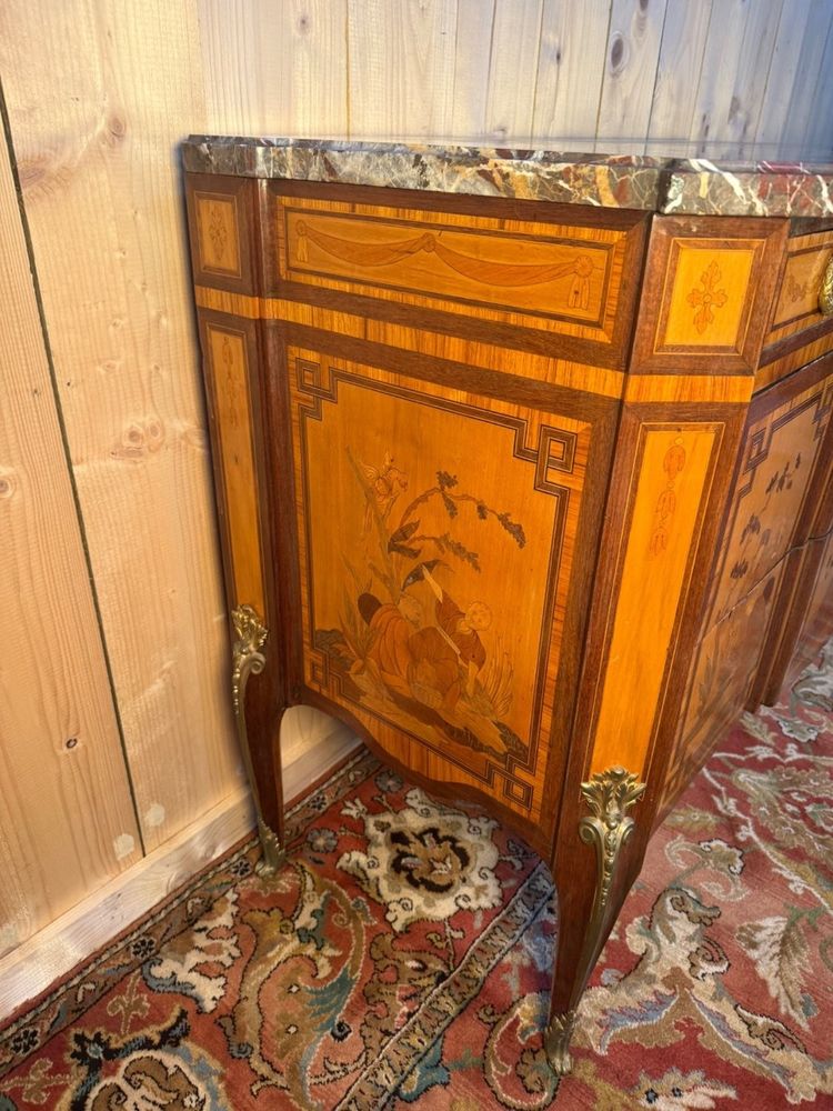 Commode Transition marqueterie orientale, années 1920, marbre noir