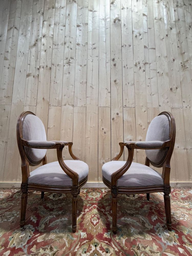 Pair of Louis XVI cabriolet armchairs with medallion back