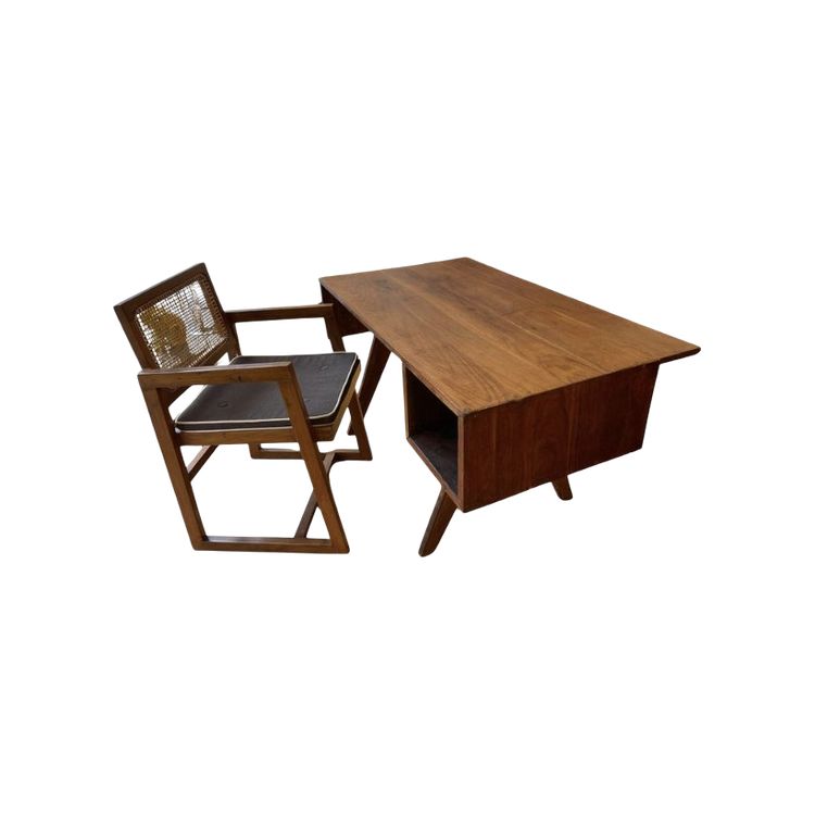 Teak cane-back desk and armchair set, Chandigarh, by Pierre Jeanneret, c. 1960s