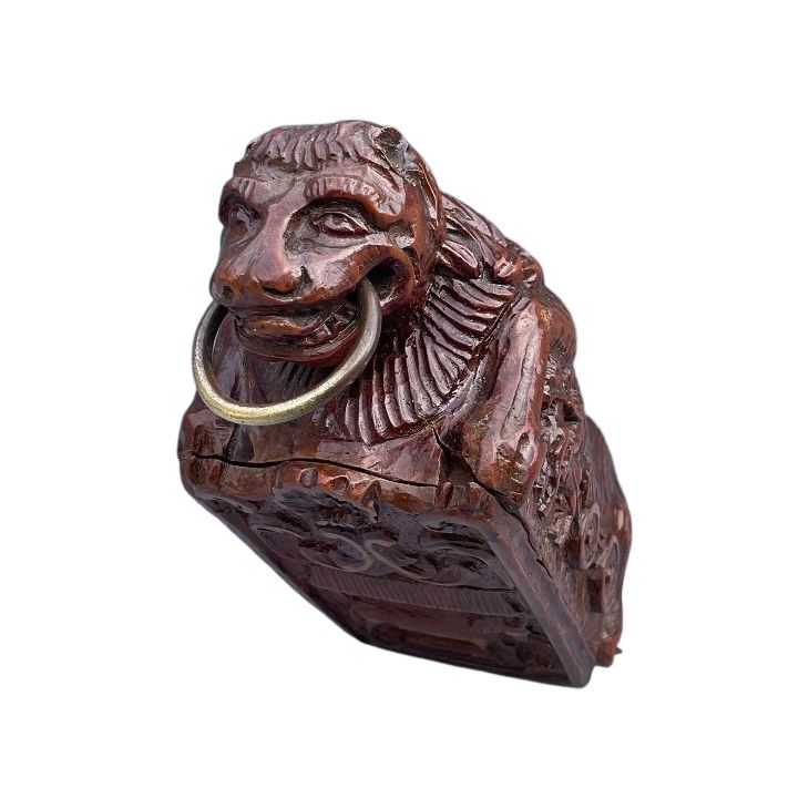 Tabatière Ancienne En Bois Fruitier Sculpté – Forme Cochon, Pipe, Vintage 1900-1970