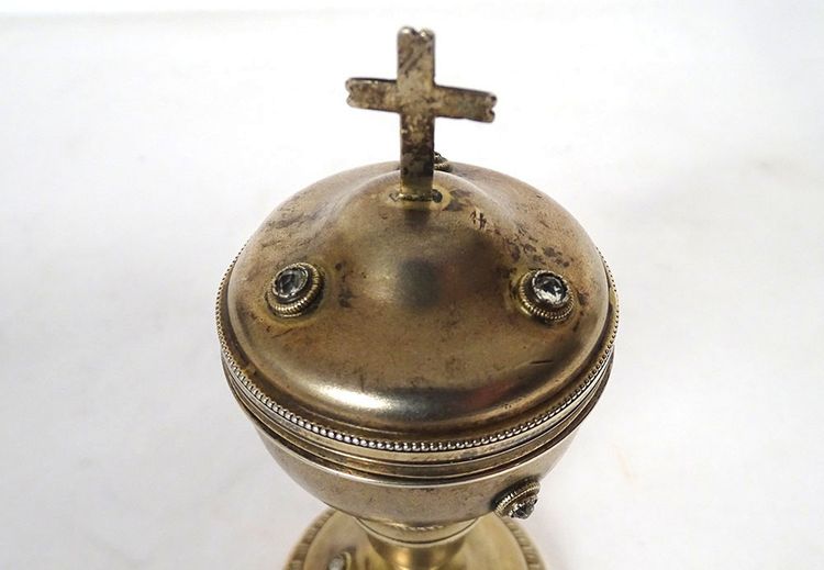 Sick travel ciborium silver vermeil Minerve stones Rhine cross 19th century