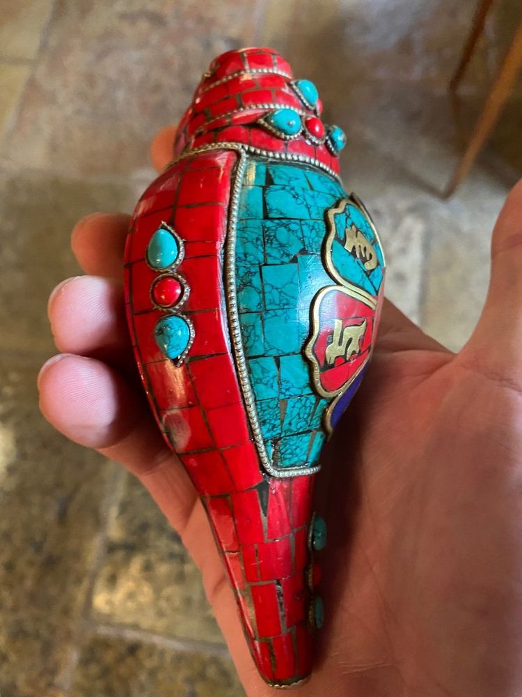 Coquillage Tibétain Orné De Mosaïques, 1 ère Moitié Du XX Eme Siècle