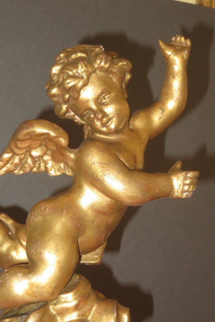 Winged Angel, Venetian Gilded Wooden Statue, 19th century.