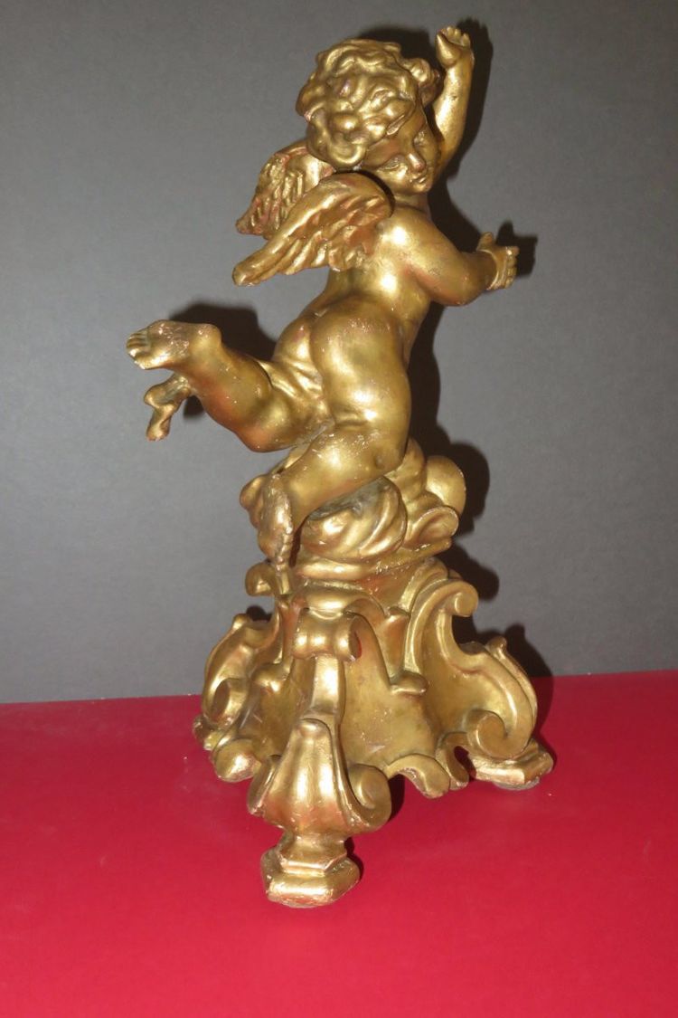 Winged Angel, Venetian Gilded Wooden Statue, 19th century.