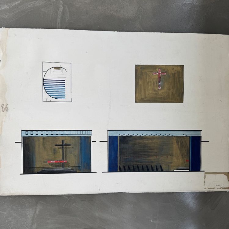 Architectural drawing project 1960 by René Vachez, church facade
