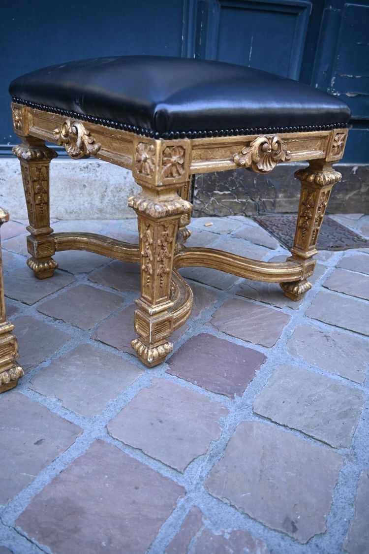 Pair of Louis XIV style gilded wood stools with struts