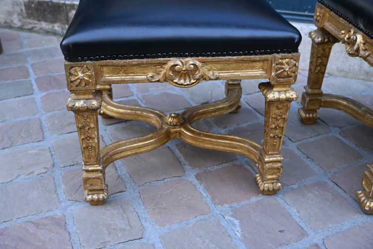 Pair of Louis XIV style gilded wood stools with struts