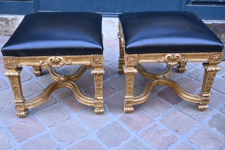 Pair of Louis XIV style gilded wood stools with struts