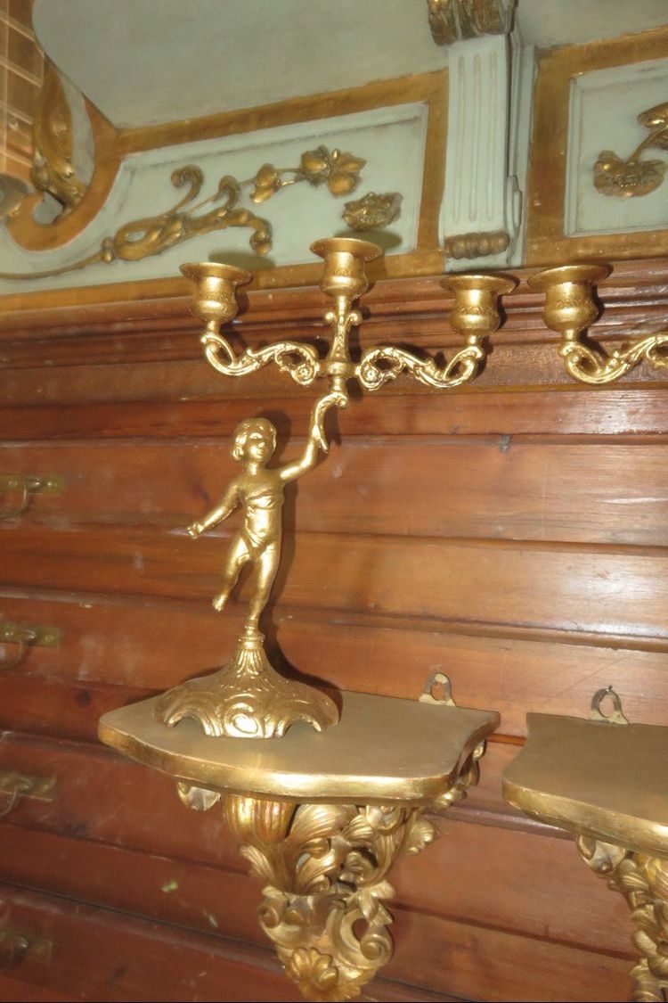 Pair of 3-Light Candlesticks in Gilded Copper, 19th Century.