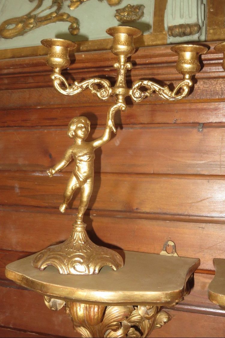 Pair of 3-Light Candlesticks in Gilded Copper, 19th Century.