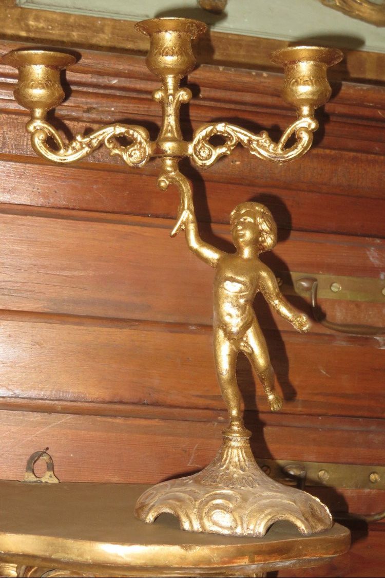 Pair of 3-Light Candlesticks in Gilded Copper, 19th Century.
