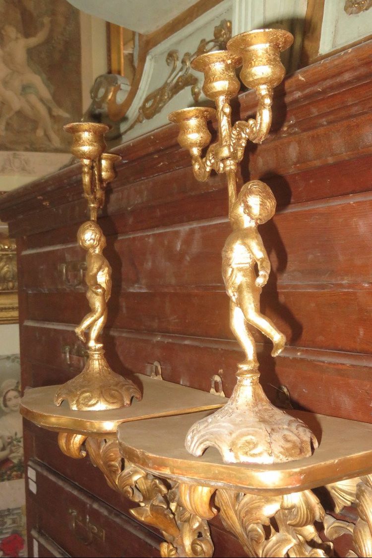 Pair of 3-Light Candlesticks in Gilded Copper, 19th Century.