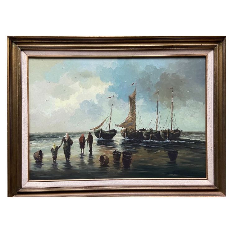 G. Bernaut, olio su tela, barche da pesca, pescatori con bambino, 1930