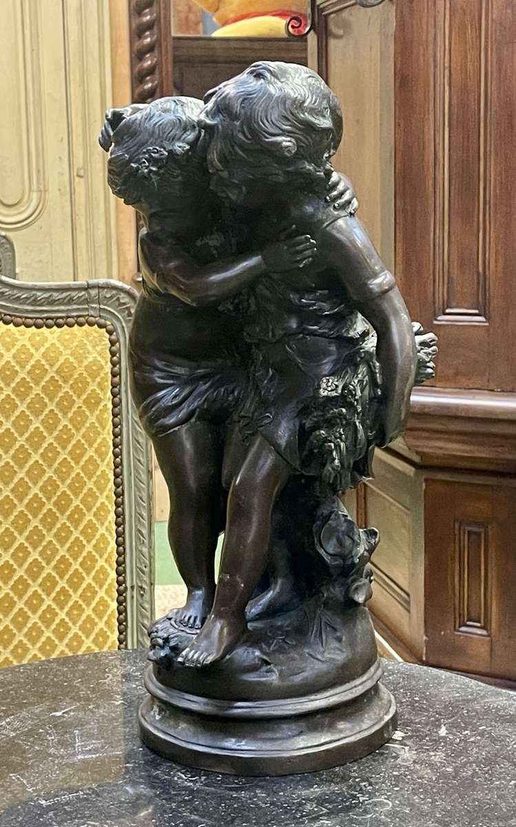 Bronze by Moreau, 1950s, depicting two children
