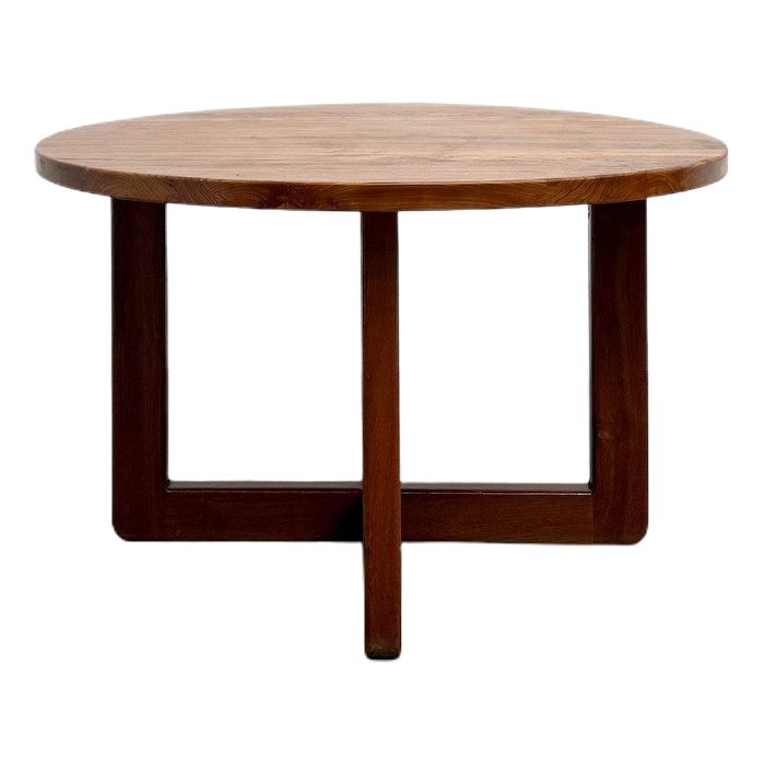 Modernistischer runder Tisch aus massivem Ulmenholz, Kreuzfuß, DLG Perriand, Chapo, 50er-60er Jahre