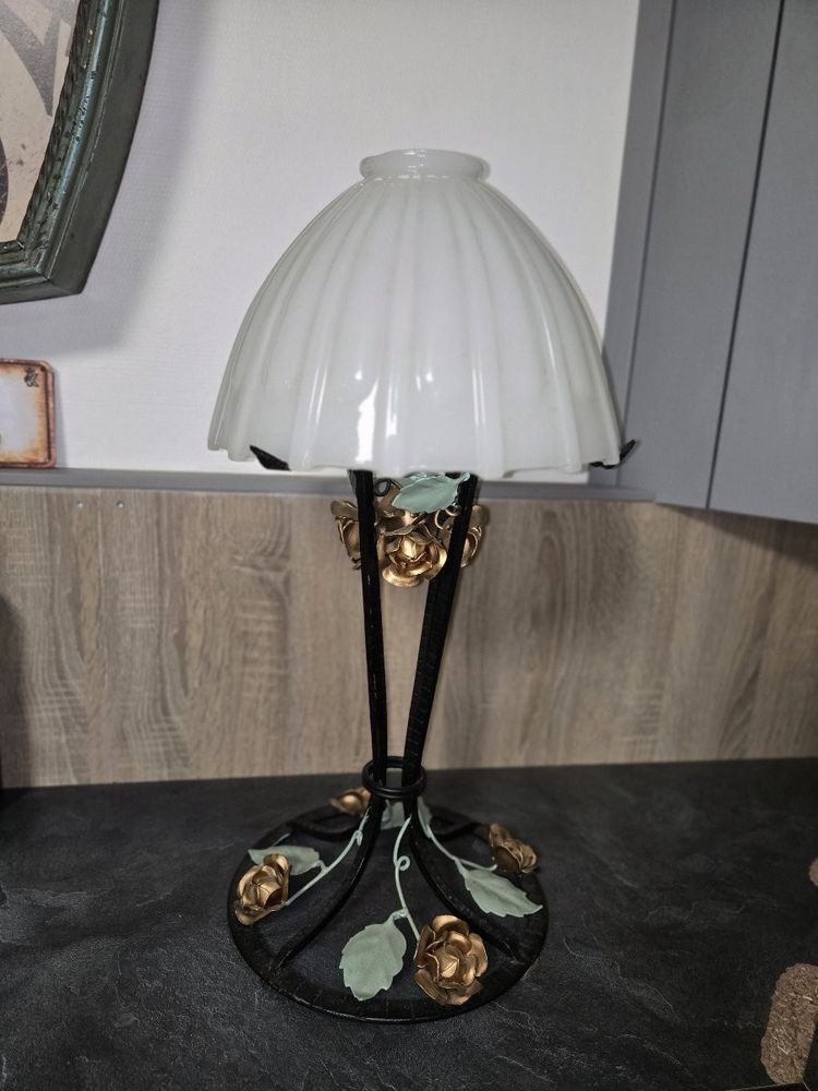 Art Deco table lamp - wrought iron and white opaline - H 58 cm