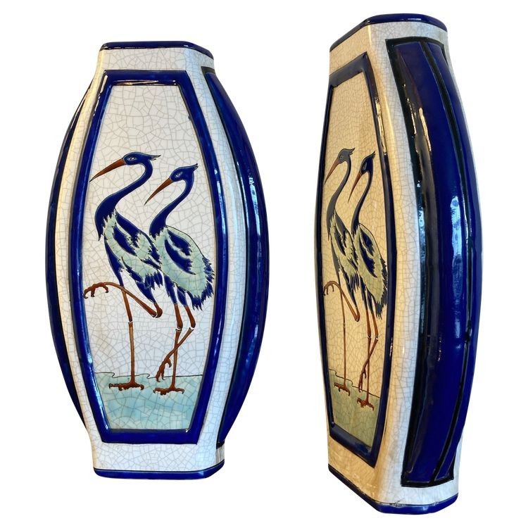 Paire de vases méplats en céramique, Kéralouve, La Louvière