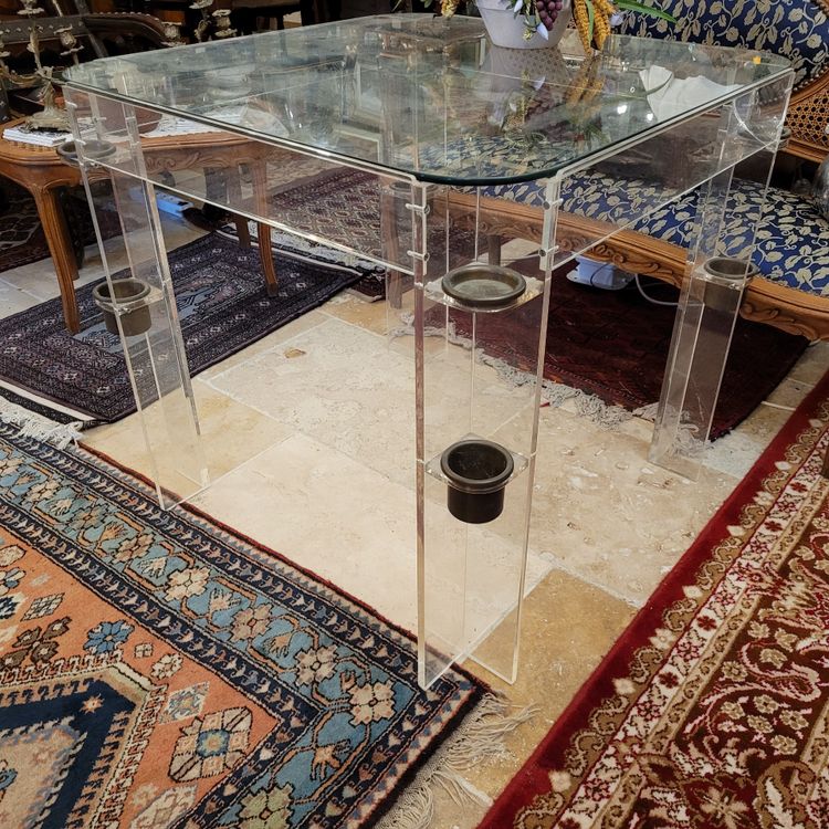 Games table in altuglass with glass top and brass legs, game storage