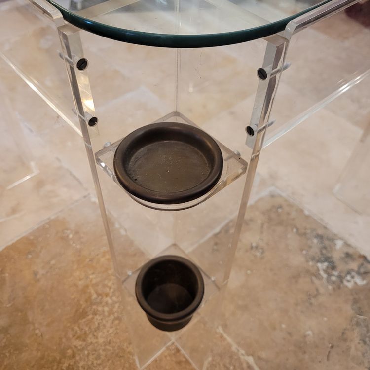 Games table in altuglass with glass top and brass legs, game storage